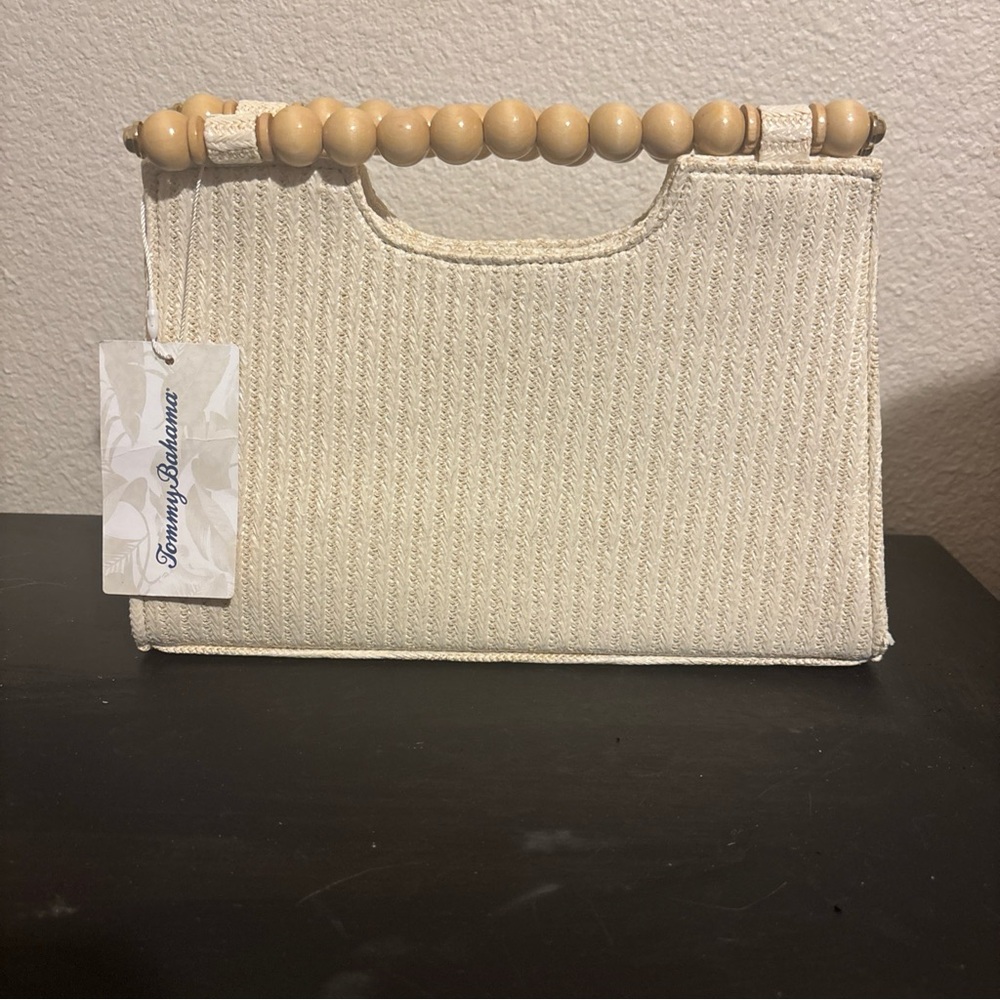 Tommy Bahama Cream Straw Wristlet with Wooden Bead Handle